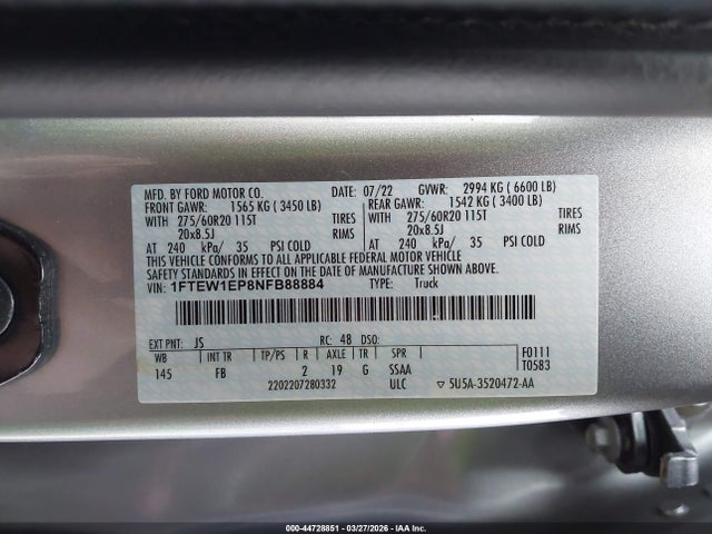 44728851 :رقم المزاد ، 1FTEW1EP8NFB88884 vin ، 2022 Ford F-150 Xlt مزاد بيع