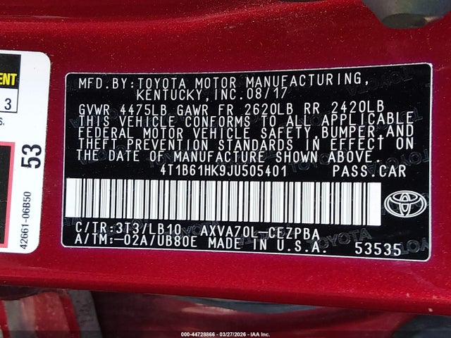 4T1B61HK9JU505401 Toyota CAMRY XSE