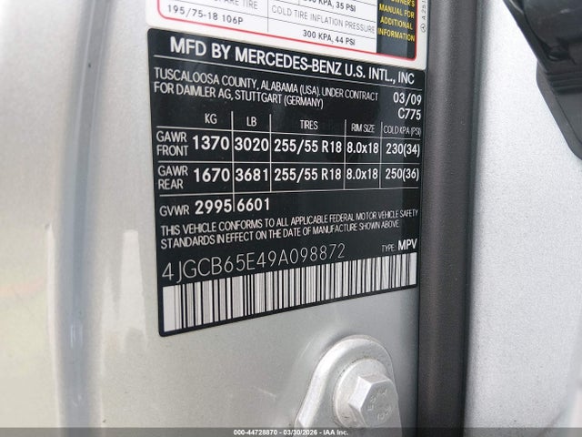 44728870 :رقم المزاد ، 4JGCB65E49A098872 vin ، 2009 Mercedes-benz R 350 4matic مزاد بيع