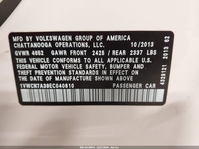 Aukcja sprzedaży 2014 Volkswagen Passat 2.0l Tdi Sel Premium, vin: 1VWCN7A39EC040810, numer aukcji: 44728878