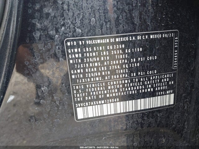 44728879 :رقم المزاد ، 3VVCB7AX5NM129949 vin ، 2022 Volkswagen Tiguan 2.0t Se R-line Black مزاد بيع