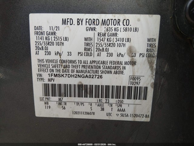 Aukcja sprzedaży 2022 Ford Explorer Xlt, vin: 1FMSK7DH2NGA02726, numer aukcji: 44728889