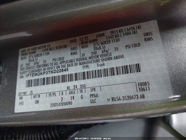 44728912 :رقم المزاد ، 1FTEW2KP3TKD22845 vin ، 2026 Ford F-150 Stx مزاد بيع