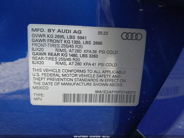 44728936 :رقم المزاد ، WA1E2AFY0P2148970 vin ، 2023 Audi Q5 Premium Plus 55 Tfsi E S Line Quattro S Tronic مزاد بيع