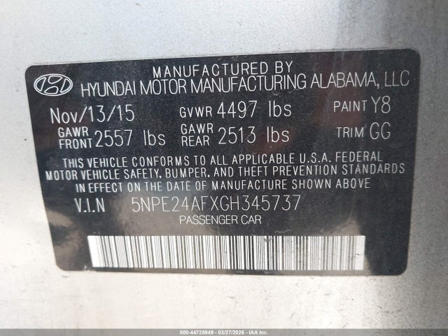 5NPE24AFXGH345737 Hyundai SONATA SE