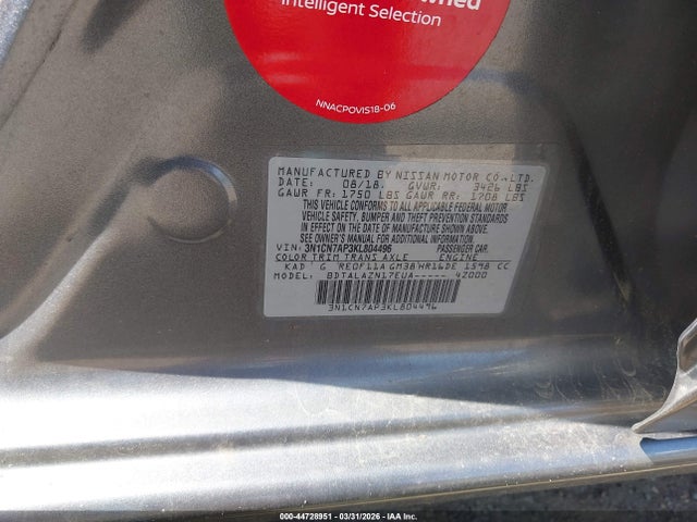Aukcja sprzedaży 2019 Nissan Versa 1.6 S+, vin: 3N1CN7AP3KL804496, numer aukcji: 44728951