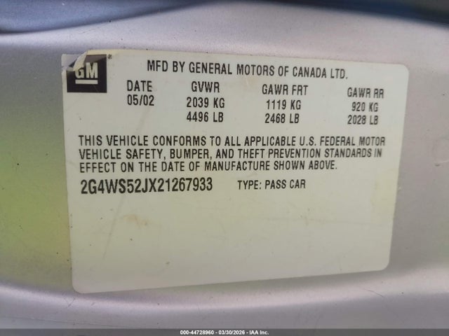 44728960 :رقم المزاد ، 2G4WS52JX21267933 vin ، 2002 Buick Century Custom مزاد بيع