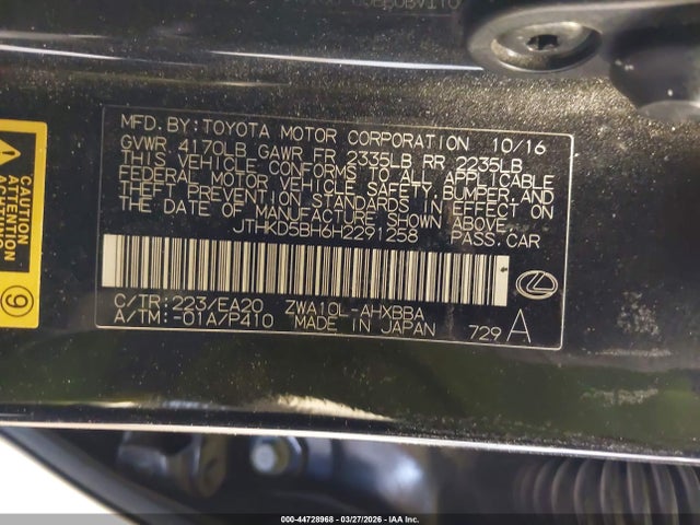 44728968 :رقم المزاد ، JTHKD5BH6H2291258 vin ، 2017 Lexus Ct مزاد بيع