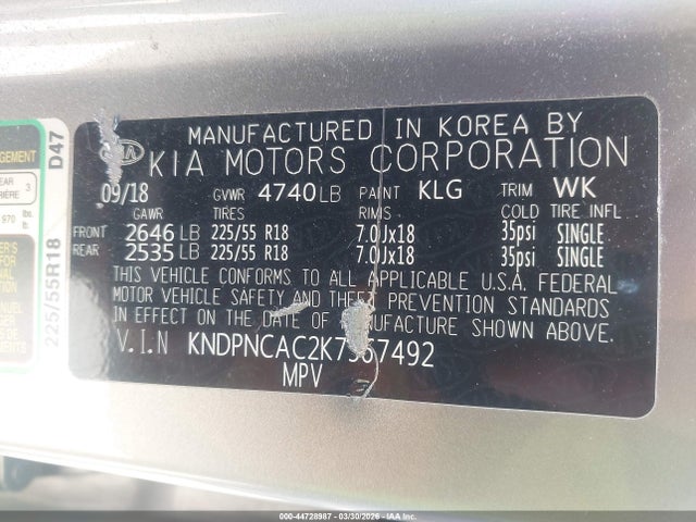 2019 Kia Sportage Ex მანქანა იყიდება აუქციონზე, vin: KNDPNCAC2K7567492, აუქციონის ნომერი: 44728987