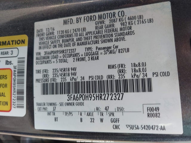 44728998 :رقم المزاد ، 3FA6P0H95HR272327 vin ، 2017 Ford Fusion Se مزاد بيع