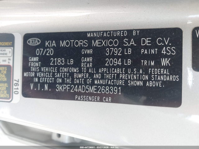 2021 Kia Forte Lxs მანქანა იყიდება აუქციონზე, vin: 3KPF24AD5ME268391, აუქციონის ნომერი: 44729001