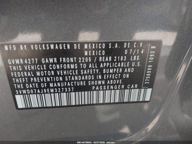 Aukcja sprzedaży 2014 Volkswagen Jetta 1.8t Se, vin: 3VWD07AJ9EM327337, numer aukcji: 44729004