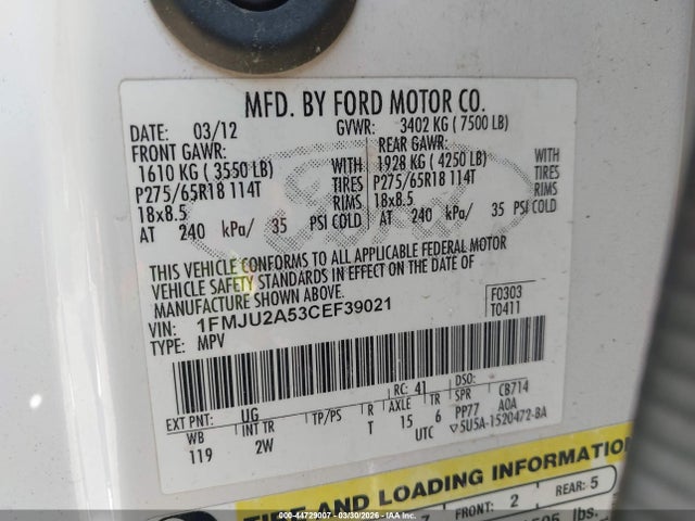 Aukcja sprzedaży 2012 Ford Expedition Limited, vin: 1FMJU2A53CEF39021, numer aukcji: 44729007