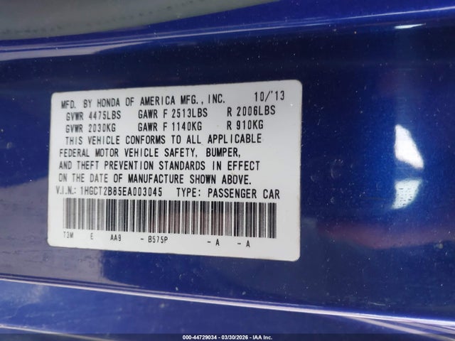 2014 Honda Accord Ex-l V-6 მანქანა იყიდება აუქციონზე, vin: 1HGCT2B85EA003045, აუქციონის ნომერი: 44729034