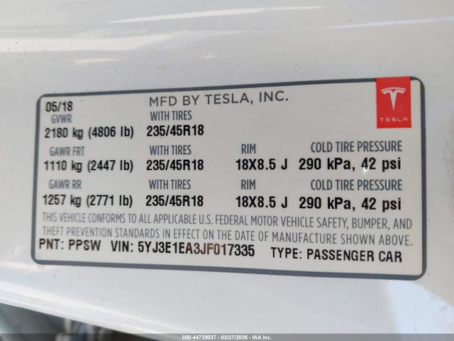 2018 TESLA MODEL 3 5YJ3E1EA3JF017335 Photo 8