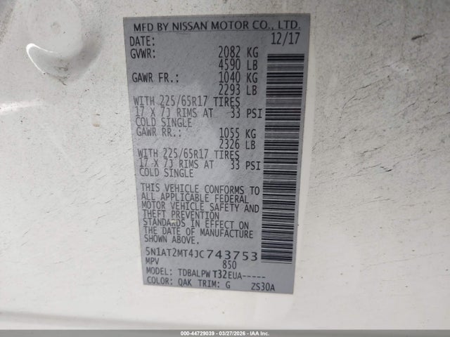 Aukcja sprzedaży 2018 Nissan Rogue S, vin: 5N1AT2MT4JC743753, numer aukcji: 44729039
