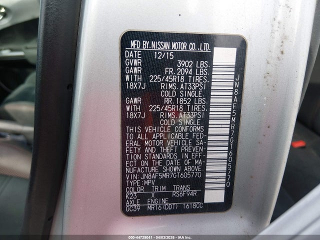 44729041 :رقم المزاد ، JN8AF5MR7GT605770 vin ، 2016 Nissan Juke Nismo مزاد بيع