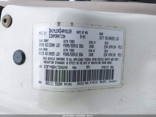 2001 Chrysler Pt Cruiser მანქანა იყიდება აუქციონზე, vin: 3C8FY4BB41T694249, აუქციონის ნომერი: 44729046