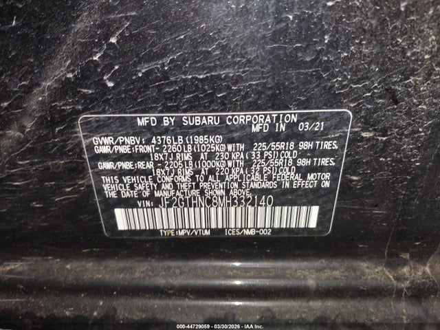 2021 Subaru Crosstrek Limited მანქანა იყიდება აუქციონზე, vin: JF2GTHNC8MH332140, აუქციონის ნომერი: 44729059