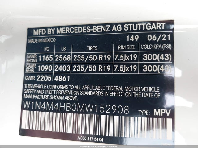 44729104 :رقم المزاد ، W1N4M4HB0MW152908 vin ، 2021 Mercedes-benz Glb 250 4matic مزاد بيع