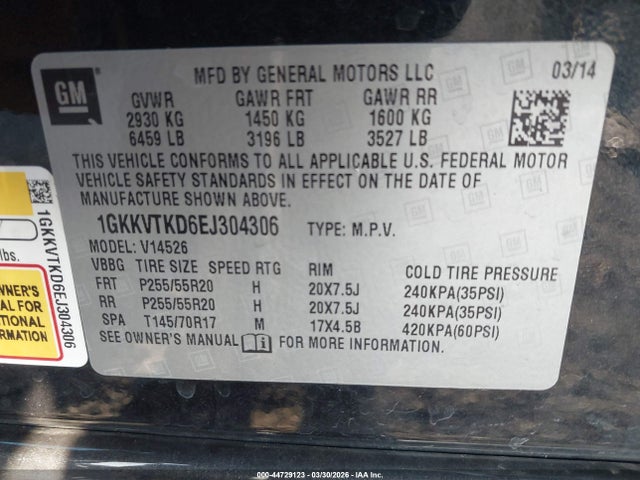 Aukcja sprzedaży 2014 Gmc Acadia Denali, vin: 1GKKVTKD6EJ304306, numer aukcji: 44729123