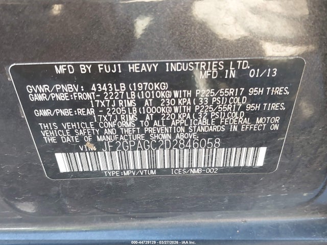 2013 Subaru Xv Crosstrek 2.0i Limited მანქანა იყიდება აუქციონზე, vin: JF2GPAGC2D2846058, აუქციონის ნომერი: 44729129