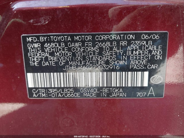 Aukcja sprzedaży 2007 Lexus Es 350, vin: JTHBJ46G272032916, numer aukcji: 44729142