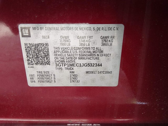 Aukcja sprzedaży 2018 Gmc Sierra 1500 Sle, vin: 3GTP1MEC1JG532344, numer aukcji: 44729167