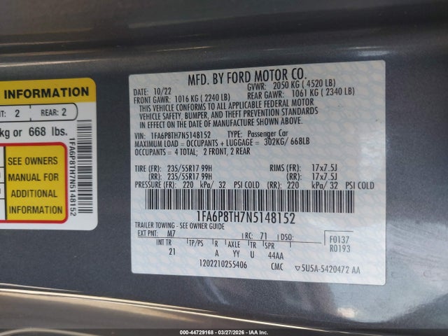 44729168 :رقم المزاد ، 1FA6P8TH7N5148152 vin ، 2022 Ford Mustang Ecoboost Fastback مزاد بيع