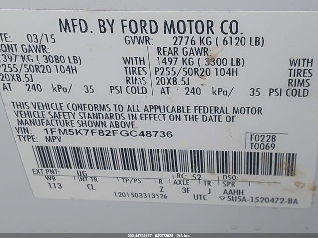 2015 Ford Explorer Limited მანქანა იყიდება აუქციონზე, vin: 1FM5K7F82FGC48736, აუქციონის ნომერი: 44729177
