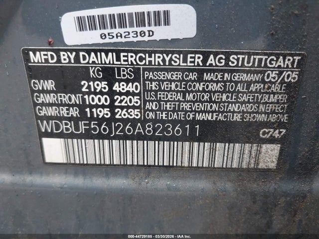 Aukcja sprzedaży 2006 Mercedes-benz E 350, vin: WDBUF56J26A823611, numer aukcji: 44729185