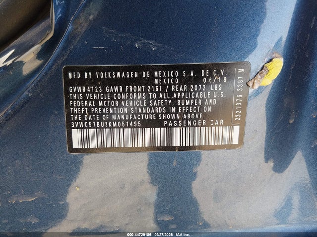44729186 :رقم المزاد ، 3VWC57BU3KM051495 vin ، 2019 Volkswagen Jetta 1.4t R-line/1.4t S/1.4t Se مزاد بيع