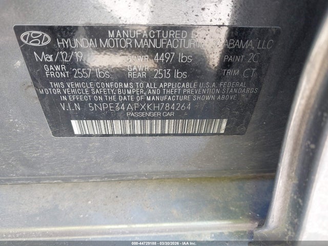 Aukcja sprzedaży 2019 Hyundai Sonata Sel, vin: 5NPE34AFXKH784264, numer aukcji: 44729188