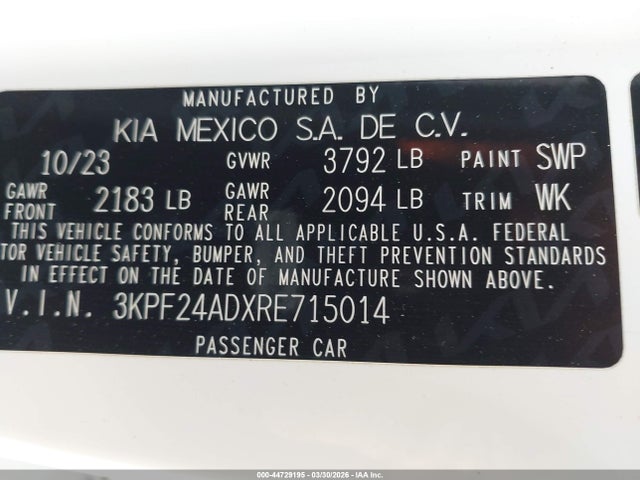 2024 Kia Forte Lxs მანქანა იყიდება აუქციონზე, vin: 3KPF24ADXRE715014, აუქციონის ნომერი: 44729195
