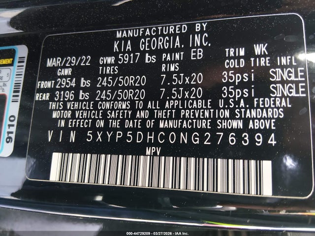 Продажа на аукционе авто 2022 Kia Telluride Sx, vin: 5XYP5DHC0NG276394, номер лота: 44729209