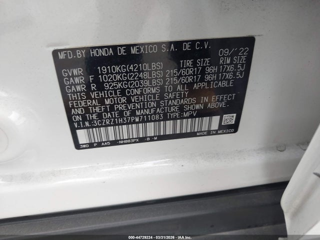 3CZRZ1H37PM711083 Honda Hr-v 2wd Lx