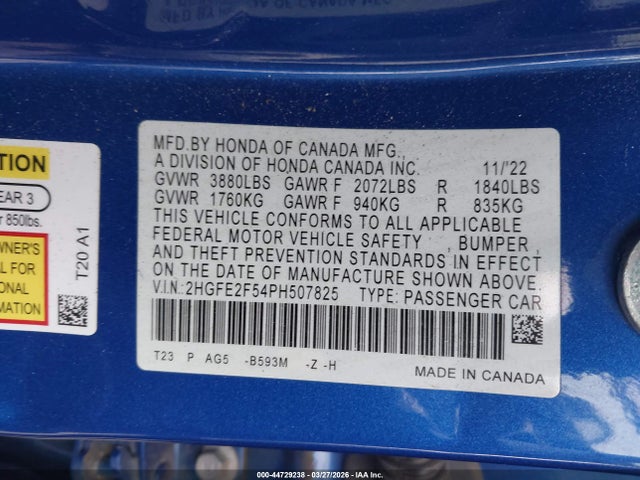 Продаж на аукціоні авто 2023 Honda Civic Sport, vin: 2HGFE2F54PH507825, номер лоту: 44729238