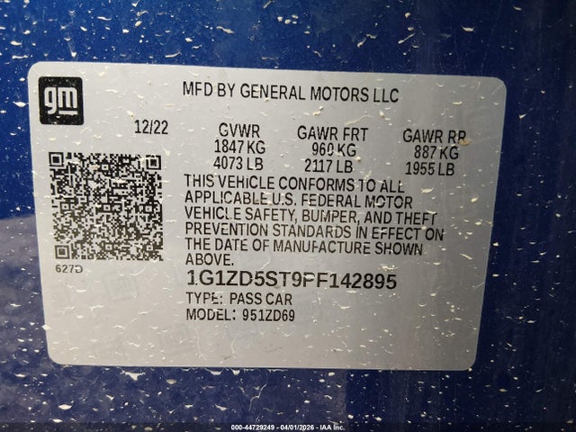 2023 Chevrolet Malibu Fwd 1lt მანქანა იყიდება აუქციონზე, vin: 1G1ZD5ST9PF142895, აუქციონის ნომერი: 44729249