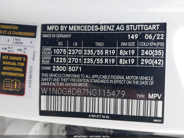 44729251 :رقم المزاد ، W1N0G8DB7NG115479 vin ، 2022 Mercedes-benz Glc 300 Suv مزاد بيع