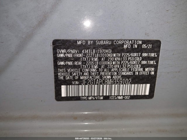Продаж на аукціоні авто 2021 Subaru Crosstrek Premium, vin: JF2GTAPC8MH359102, номер лоту: 44729253