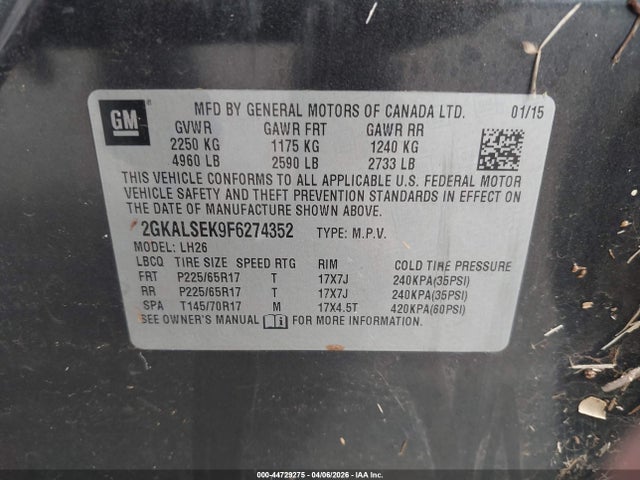 44729275 :رقم المزاد ، 2GKALSEK9F6274352 vin ، 2015 Gmc Terrain Slt-1 مزاد بيع