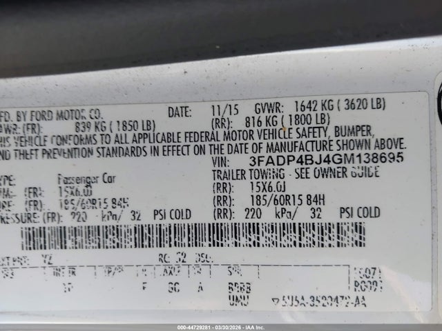 Продаж на аукціоні авто 2016 Ford Fiesta Se, vin: 3FADP4BJ4GM138695, номер лоту: 44729281