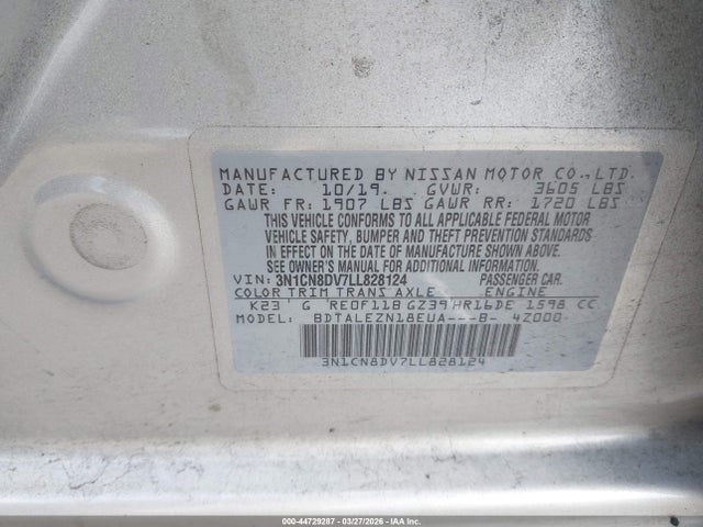 Aukcja sprzedaży 2020 Nissan Versa S Xtronic Cvt, vin: 3N1CN8DV7LL828124, numer aukcji: 44729287