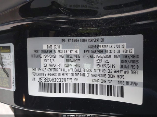 Aukcja sprzedaży 2011 Mazda Cx-9 Grand Touring, vin: JM3TB3DAXB0330038, numer aukcji: 44729296