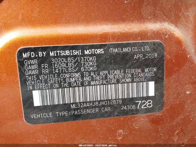 Продаж на аукціоні авто 2018 Mitsubishi Mirage Se, vin: ML32A4HJ8JH012879, номер лоту: 44729301