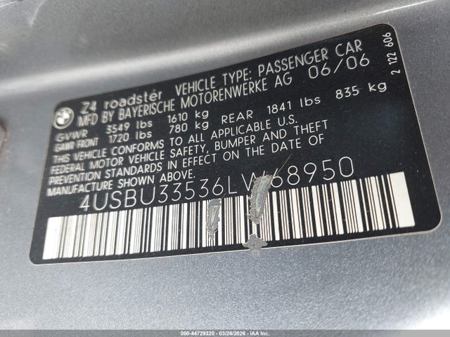 44729320 :رقم المزاد ، 4USBU33536LW68950 vin ، 2006 Bmw Z4 3.0i مزاد بيع
