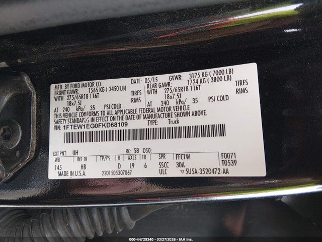 Продажа на аукционе авто 2015 Ford F-150 Lariat, vin: 1FTEW1EG0FKD68109, номер лота: 44729340
