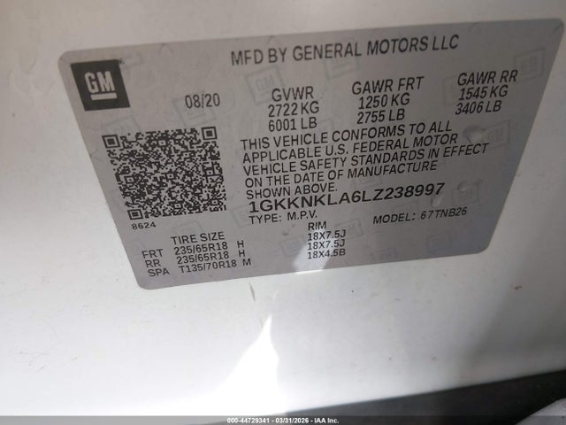 Aukcja sprzedaży 2020 Gmc Acadia Sle, vin: 1GKKNKLA6LZ238997, numer aukcji: 44729341