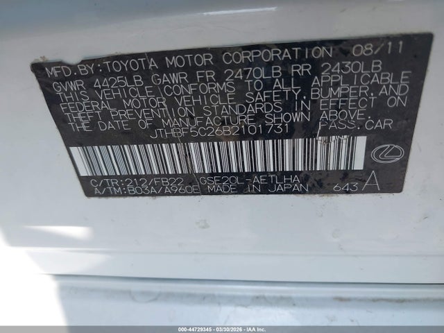 44729345 :رقم المزاد ، JTHBF5C26B2101731 vin ، 2011 Lexus Is 250 مزاد بيع