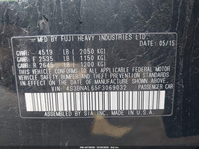 44729359 :رقم المزاد ، 4S3BNAL65F3069032 vin ، 2015 Subaru Legacy 2.5i Limited مزاد بيع